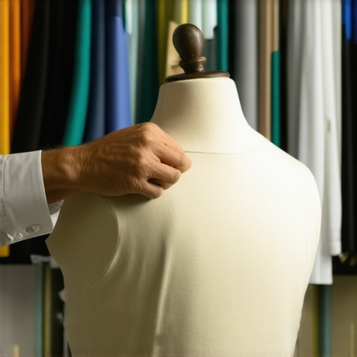 Tailor measuring client's shoulder for perfect fit with sewing tools and fabrics nearby