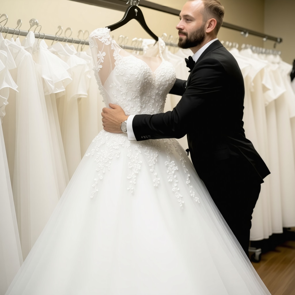 Dry cleaner carefully handling wedding gown with special preservation techniques in Tampa.