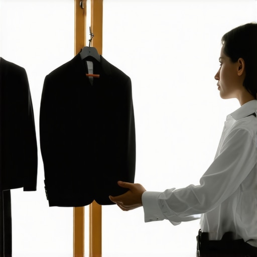Professional dropping off suit at Tampa dry cleaner with sign indicating same-day service.