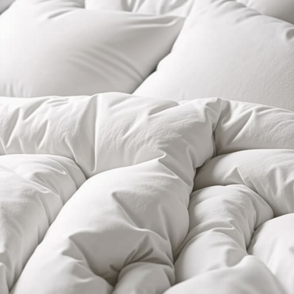 A bright, fluffy down comforter being fluffed outdoors in sunlight, highlighting freshness and loft.