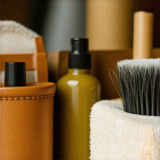A detailed close-up of leather and suede cleaning tools and products on a wooden surface.