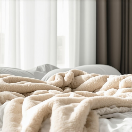 A serene bedroom with a fluffy, pristine comforter on a bed, natural sunlight