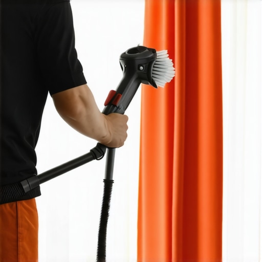 Person vacuuming curtains with a brush attachment to remove dust