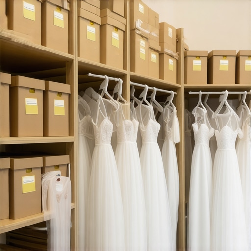 A clean, organized climate-controlled storage room with archival boxes for wedding gown preservation