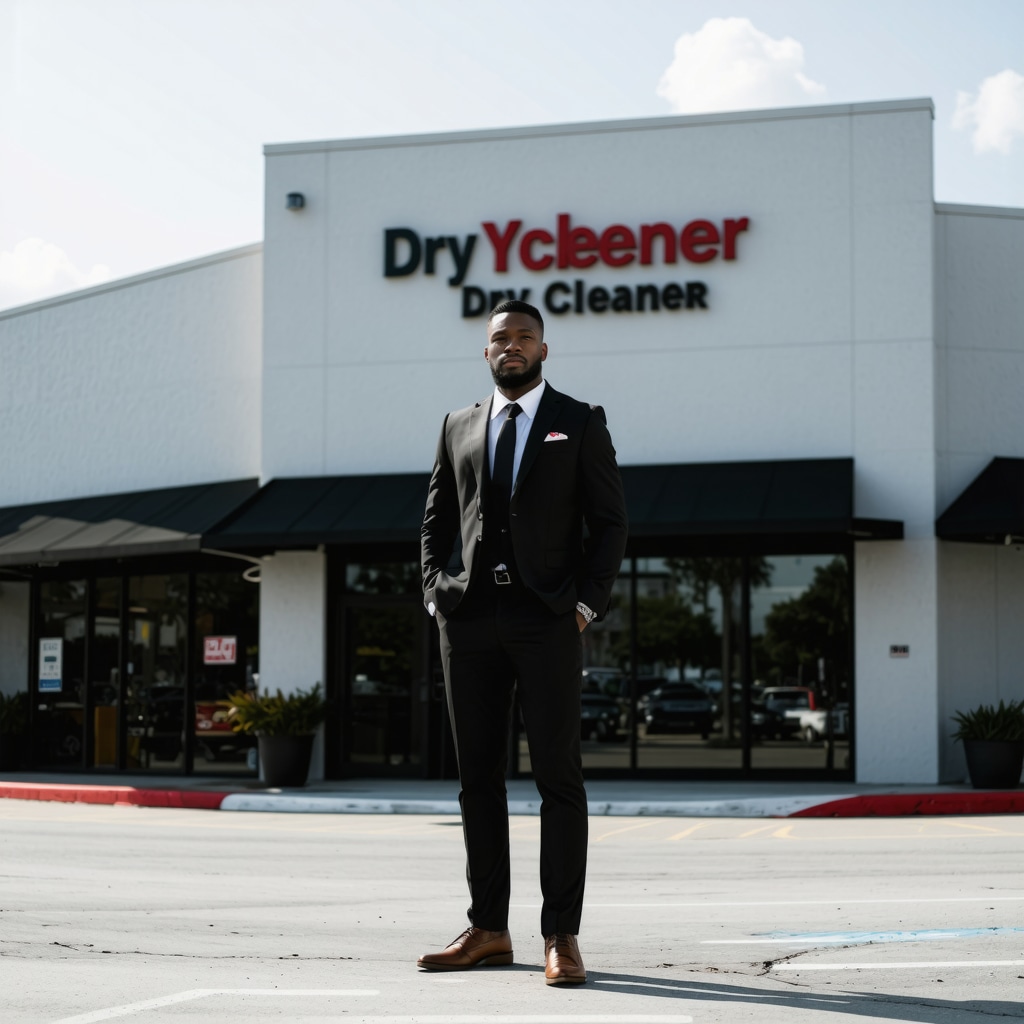 Person showcasing well-fitted tailored suit outside South Tampa dry cleaner