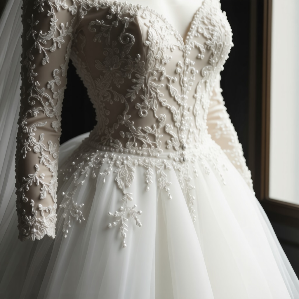 Elegant wedding dress with beadwork and lace, preserved in a climate-controlled setting.