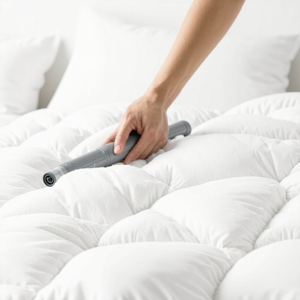 A technician cleaning a comforter with eco-friendly equipment in a professional setting