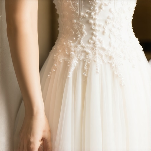 Close-up of vintage wedding dress with beadwork and lace in preservation setting.