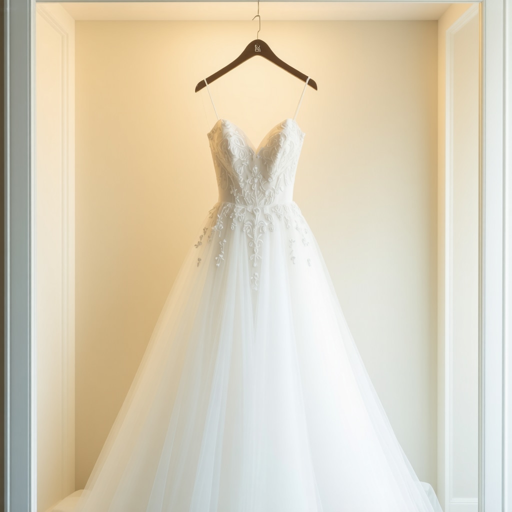 Elegant wedding gown preservation box with soft lighting.