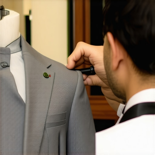 Dry cleaner inspecting suit with high-tech tools in Tampa shop.