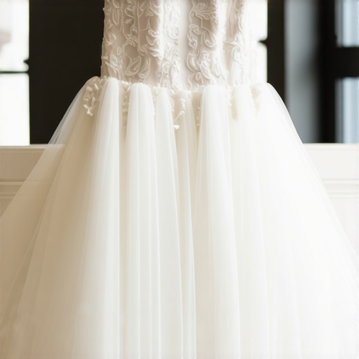 Wedding gown carefully preserved in protective box, showcasing intricate beadwork and fabric layers