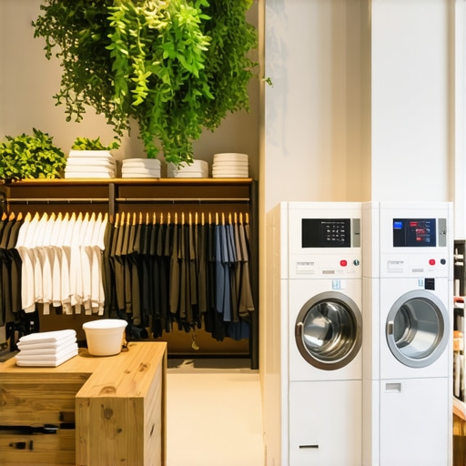 Interior of a modern eco-friendly dry cleaning shop showcasing garments and cleaning equipment