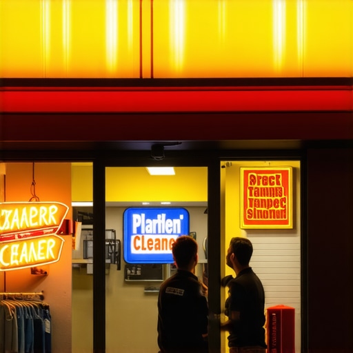Night view of Tampa dry cleaner with delivery staff and bright signage