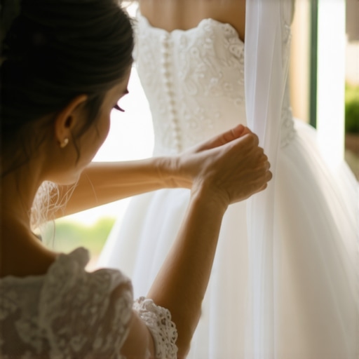 Expert handling wedding dress with preservation tools in a professional setting
