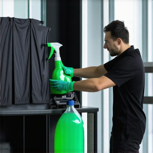 Technician using eco-friendly dry cleaning equipment with green solvents in a modern laundry facility.