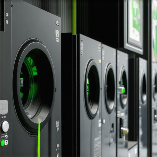 Modern dry cleaning shop using eco-friendly methods and green solvents.