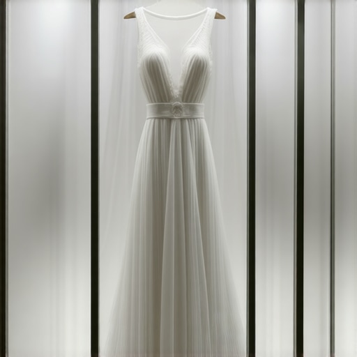 Vintage wedding dress preserved in climate-controlled display case with lighting.