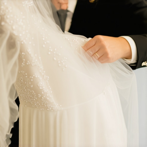 Dry cleaner delicately handling a wedding dress with preservation equipment.