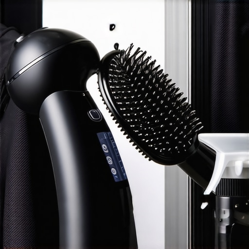 Close-up of a garment steamer, a boar bristle suit brush, and stain spray for suit care.