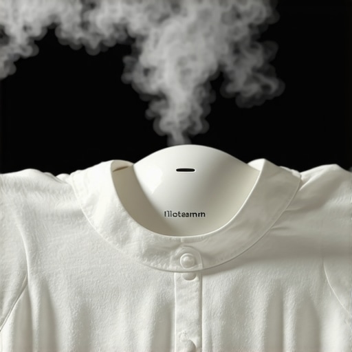 A person steaming a silk blouse with a handheld fabric steamer