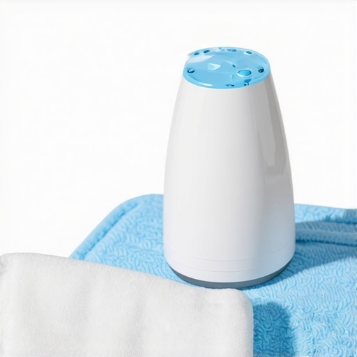 A portable eco-friendly fabric steamer and microfiber cloth neatly arranged for clothing maintenance.