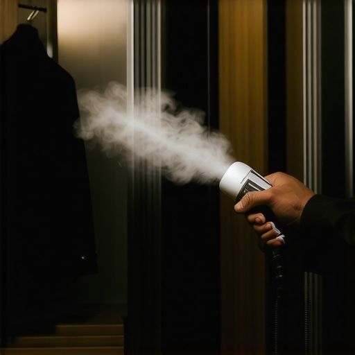 A professional garment steamer steaming a tailored suit in a sleek closet