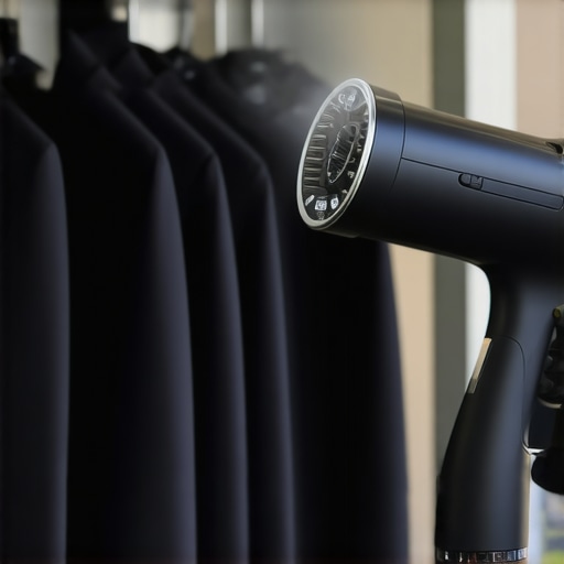 Essential tools for garment care A professional garment steamer, leather cleaner, and fabric shaver on a tidy workspace