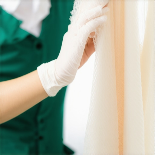 Expert fabric care in action Dry cleaner carefully handling silk and wool fabrics to prevent damage.