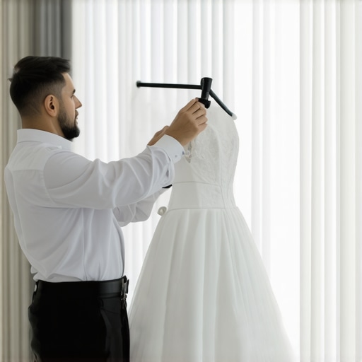 Dry cleaner steaming wedding gown with gentle care in a professional setting.