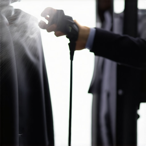 A person steaming a suit with a high-quality garment steamer, highlighting fabric preservation.