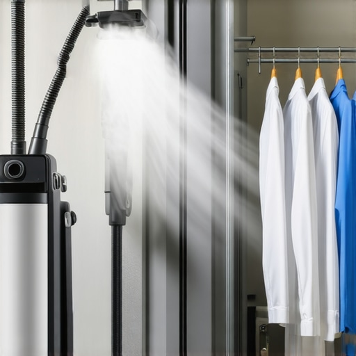 Close-up of high-quality garment steamer and eco-friendly cleaning tools in a laundry setting.