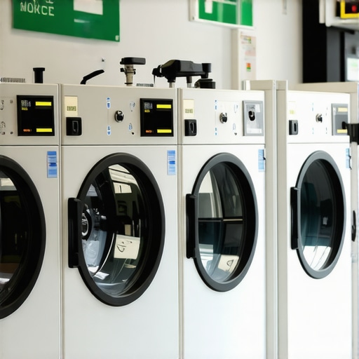 Modern eco-friendly dry cleaner with green signage and advanced machinery