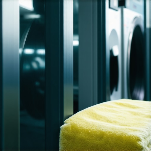 Technician cleaning and calibrating dry cleaning machines in a professional laundry setting