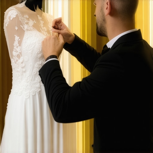 Dry cleaner carefully examining a wedding gown to ensure proper cleaning and preservation.