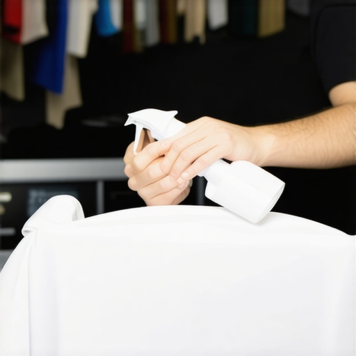 Dry cleaning professional gently treating wine stain on fabric with specialized tools.