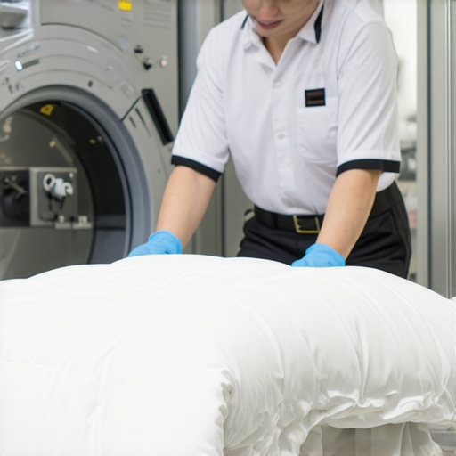 A technician in a dry cleaning facility carefully cleaning a down comforter to restore fluffiness