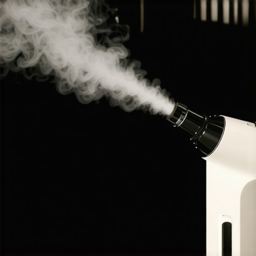 A professional garment steamer releasing steam on a delicate dress with a closet in the background.