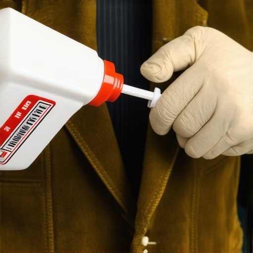 A professional dry cleaner carefully applying a cleaning solution to a suede jacket to remove oil stains