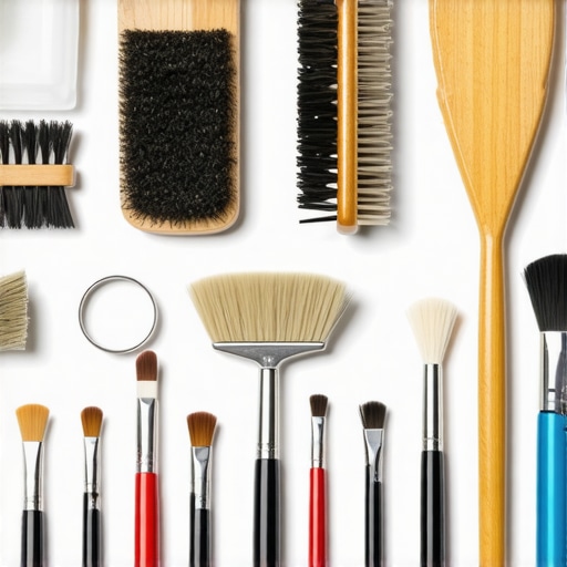 A collection of textile preservation tools like brushes, breathable garment bags, and magnifying glasses arranged neatly.