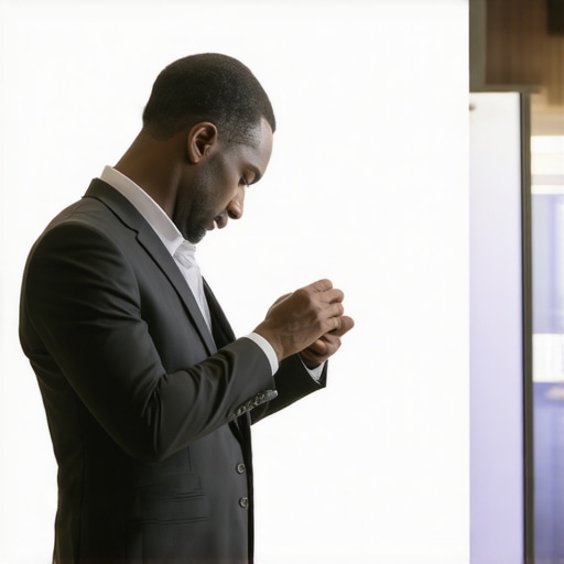 A professional dry cleaner inspecting a tailored suit in a shop.