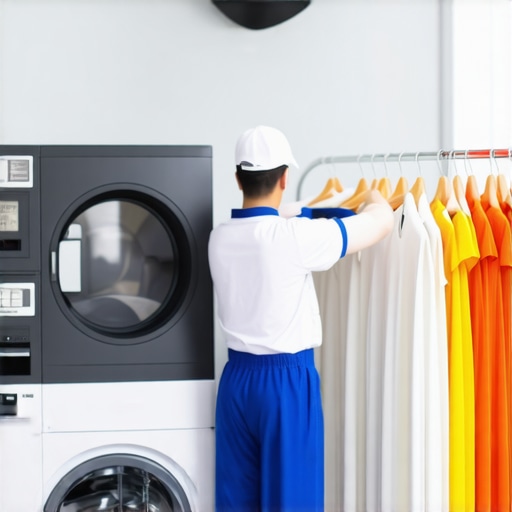 Modern Dry Cleaning Facility with Delicate Garments Inside a state-of-the-art dry cleaning shop emphasizing advanced equipment and careful handling of luxury fabrics.